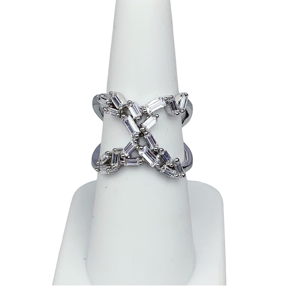 Silver Emerald Diamond Baguette Cubic Zirconia X Shape Ring Size 7 Size 8 - Picture 8 of 17